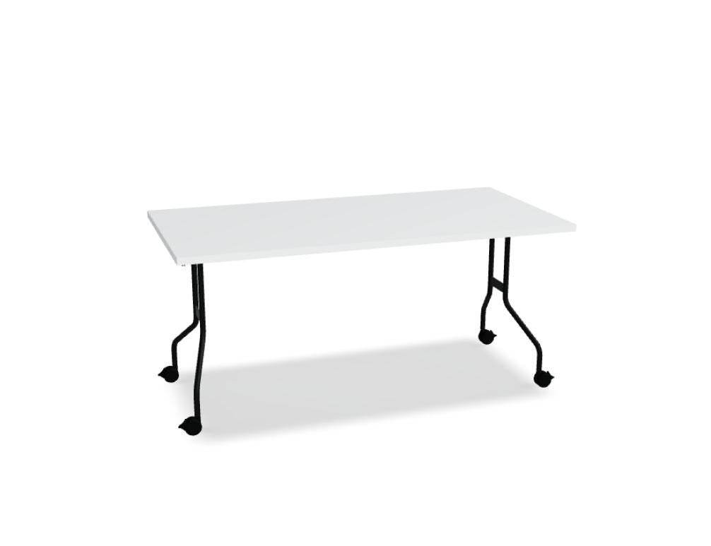 Klapptisch Easy von Mdd mit Melaminplatte in Kakao, Metallgestell schwarz halbmatt, Rollen mit Bremse, rechteckige Tischform.
