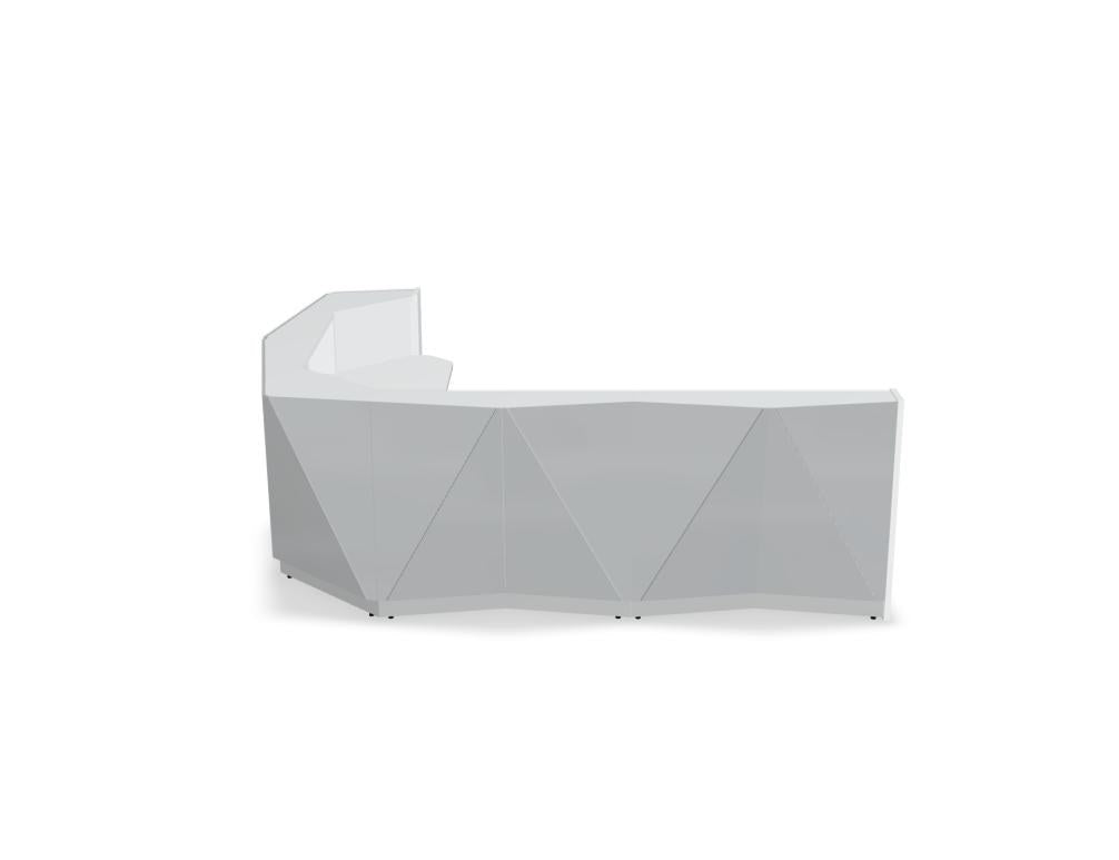 Modulare Empfangstheke Alpa aus schwarzem Glas mit Aluminiumsockel und LED-Beleuchtung, bestehend aus mehreren zusammenstellbaren Elementen.