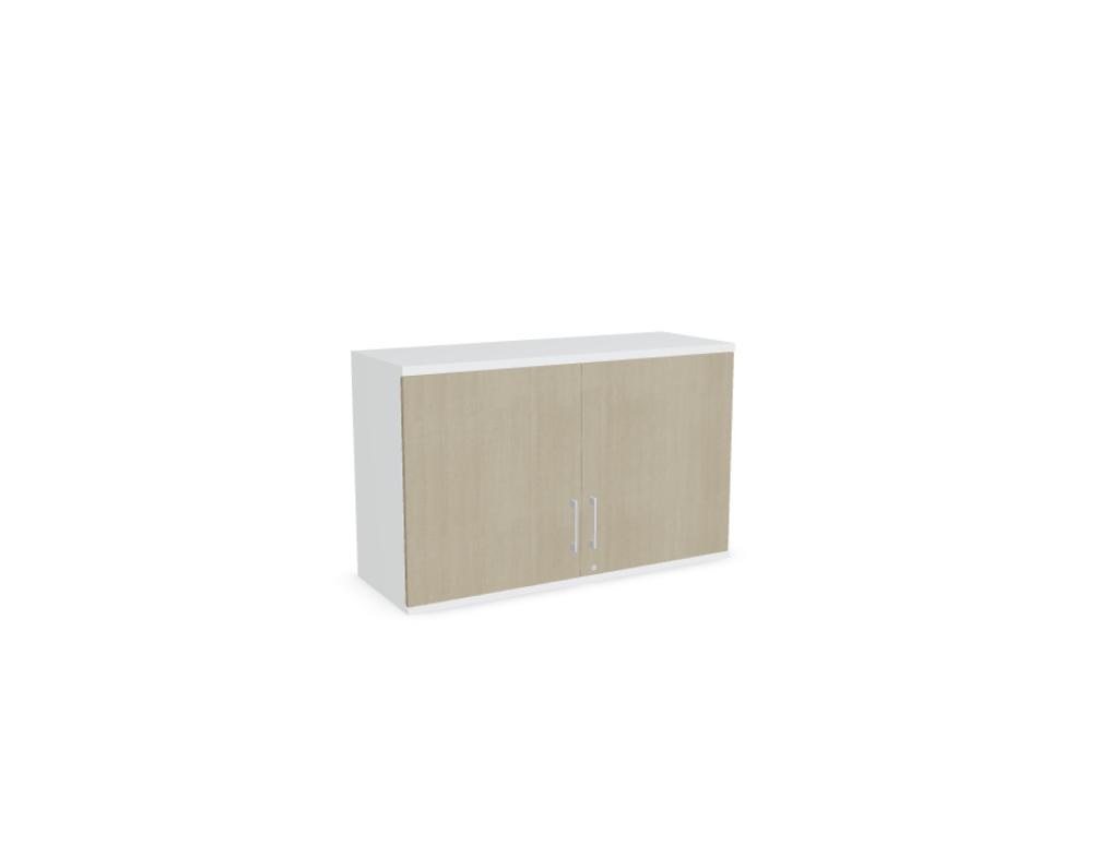 Aufsatzschrank mit Flügeltüren, Front in Eiche Natur, Korpus Weiss Pastell, Melaminplatte, für Büromöbel-Aufbau geeignet.