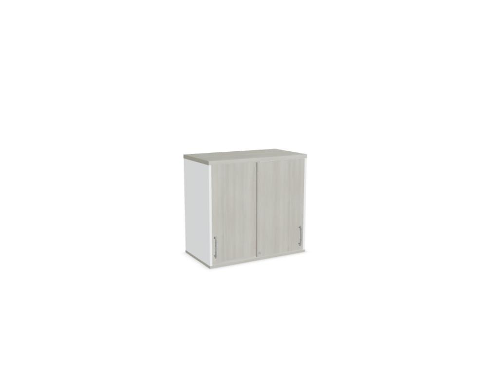 Aufsatzschrank mit Flügeltüren, Front in Eiche Natur, Korpus Weiss Pastell, Melaminplatte, für Büromöbel-Aufbau geeignet.