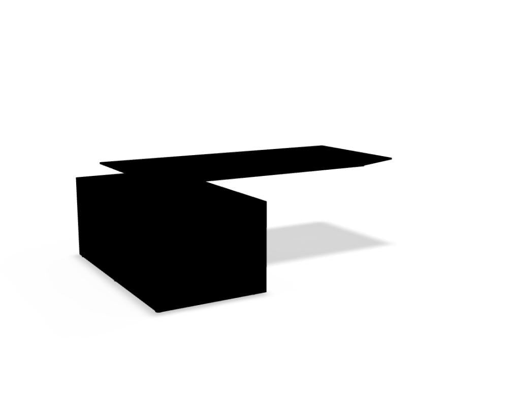 Chefschreibtisch Gravity mit Nussbaum-Furnier-Arbeitsplatte, anthrazitfarbenem Stahlgestell und Schubladen mit Selbsteinzug, Frontalansicht.
