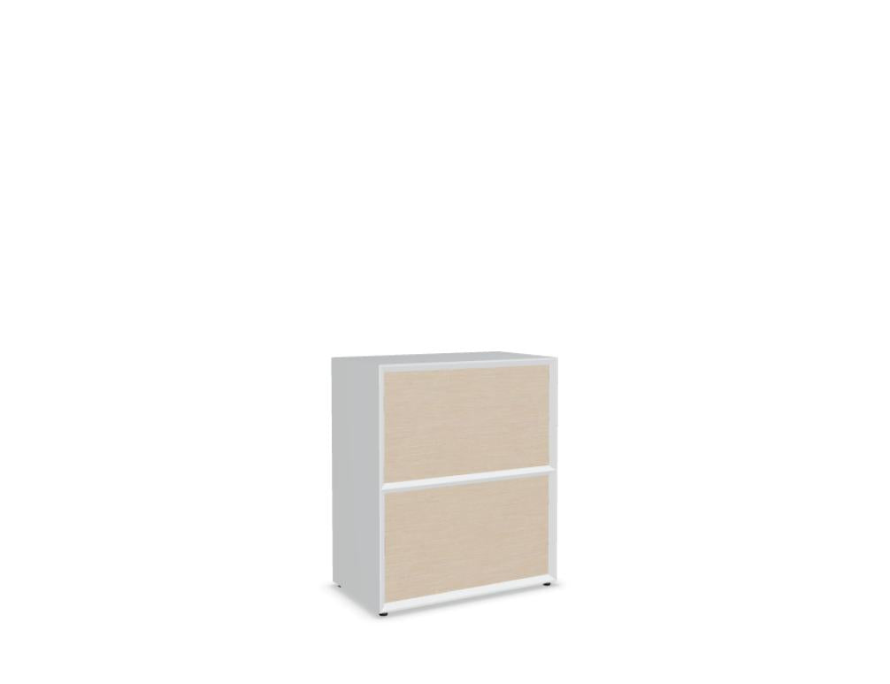 Büroschrank Gravity von Mdd mit Front aus Nussbaum-Furnier, Korpus in Graphit Matt, zwei Schubladen und abgeschrägten Kanten aus MDF.