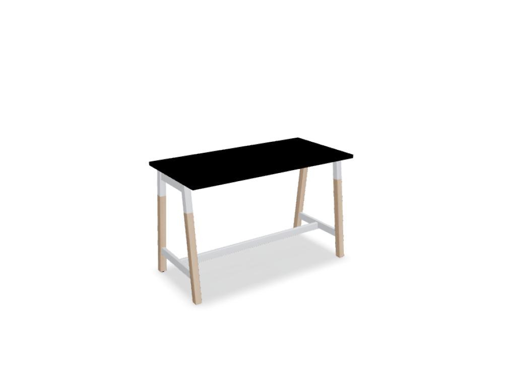 Stehtisch Ogi W von Mdd mit Tischplatte in Honigeiche, schwarzem Metallgestell und Beinen aus Eschenholz, minimalistische Formgebung.
