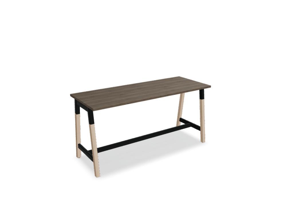Stehtisch Ogi W von Mdd mit Tischplatte in Honigeiche, schwarzem Metallgestell und Beinen aus Eschenholz, minimalistische Formgebung.
