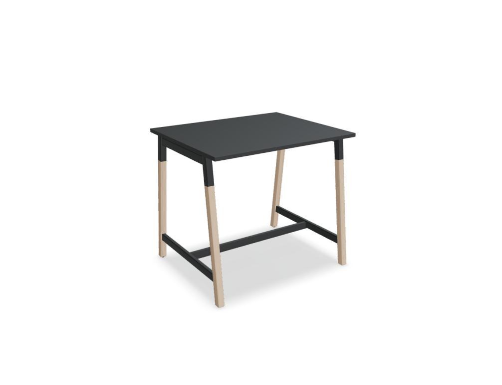 Stehtisch Ogi W von Mdd mit Tischplatte in Honigeiche, schwarzem Metallgestell und Beinen aus Eschenholz, minimalistische Formgebung.