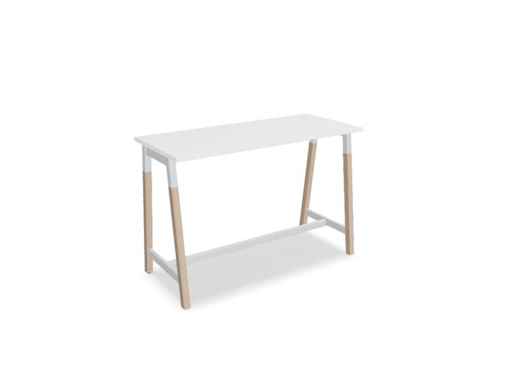 Stehtisch Ogi W von Mdd mit Tischplatte in Honigeiche, schwarzem Metallgestell und Beinen aus Eschenholz, minimalistische Formgebung.