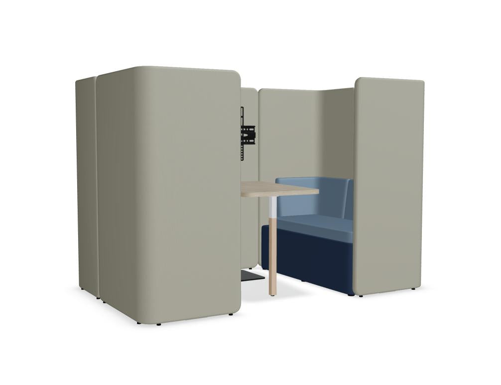 Alt-Text: Kaiva KAV11B Meetingsystem im modernen Büro-Setup, kompakte Konsole mit integrierter Tastatur, große Leinwand und Kabelmanagement; stilvolles, funktionales Design für Team-Meetings.