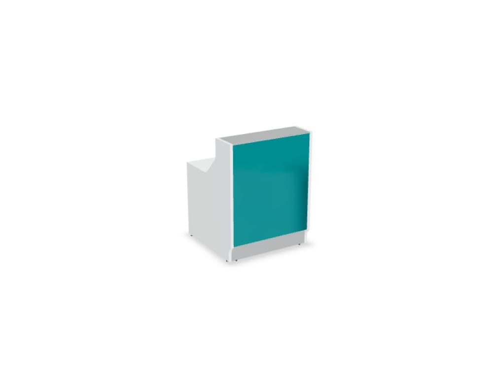 Weisse modulare Empfangstheke Linea von Mdd mit Glasfront, LED-Beleuchtung, Aluminiumsockel und Edelstahl-Eckleiste im Büro.