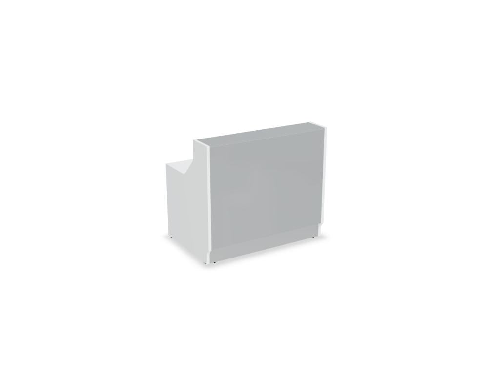 Weisse modulare Empfangstheke Linea von Mdd mit Glasfront, LED-Beleuchtung, Aluminiumsockel und Edelstahl-Eckleiste im Büro.