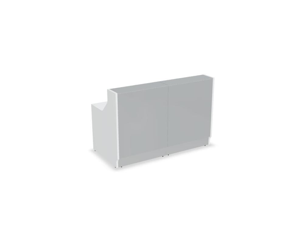 Weisse modulare Empfangstheke Linea von Mdd mit Glasfront, LED-Beleuchtung, Aluminiumsockel und Edelstahl-Eckleiste im Büro.