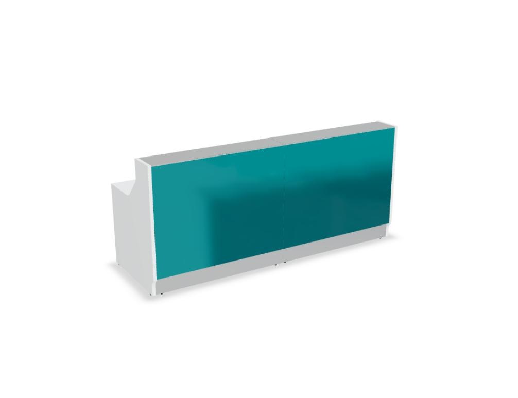Weisse modulare Empfangstheke Linea von Mdd mit Glasfront, LED-Beleuchtung, Aluminiumsockel und Edelstahl-Eckleiste im Büro.