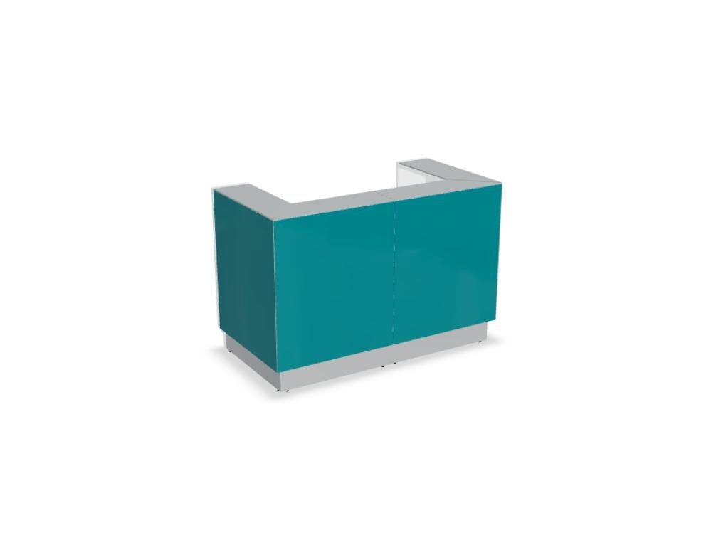 Weisse modulare Empfangstheke Linea von Mdd mit Glasfront, LED-Beleuchtung, Aluminiumsockel und Edelstahl-Eckleiste im Büro.