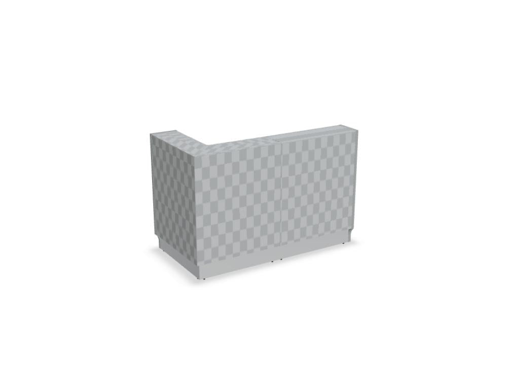 Weisse modulare Empfangstheke Linea von Mdd mit Glasfront, LED-Beleuchtung, Aluminiumsockel und Edelstahl-Eckleiste im Büro.