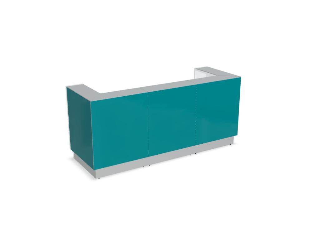 Weisse modulare Empfangstheke Linea von Mdd mit Glasfront, LED-Beleuchtung, Aluminiumsockel und Edelstahl-Eckleiste im Büro.