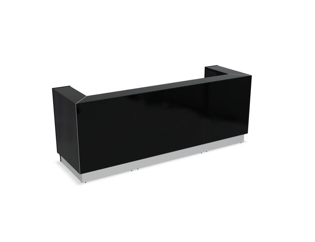 Weisse modulare Empfangstheke Linea von Mdd mit Glasfront, LED-Beleuchtung, Aluminiumsockel und Edelstahl-Eckleiste im Büro.