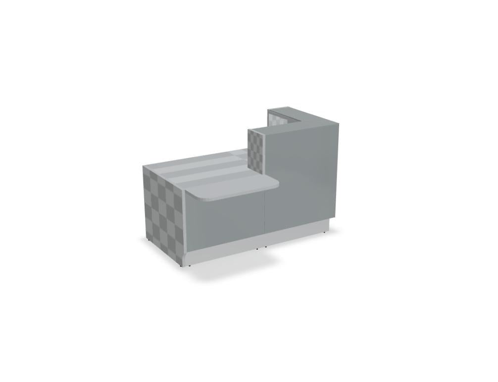 Weisse modulare Empfangstheke Linea von Mdd mit Glasfront, LED-Beleuchtung, Aluminiumsockel und Edelstahl-Eckleiste im Büro.