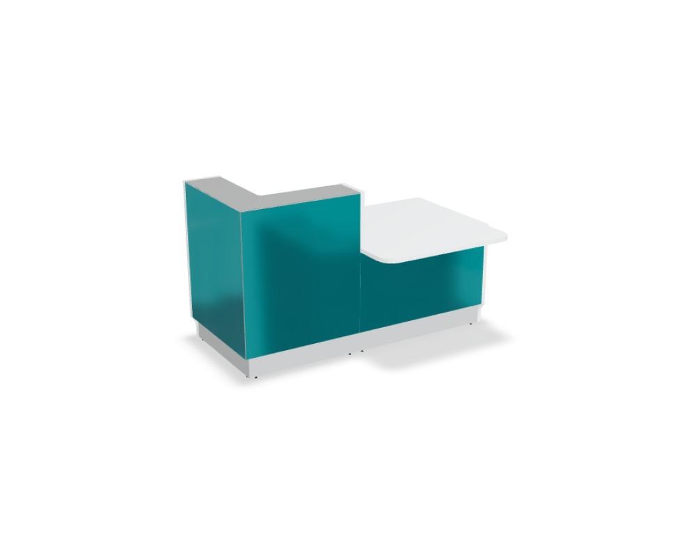 Weisse modulare Empfangstheke Linea von Mdd mit Glasfront, LED-Beleuchtung, Aluminiumsockel und Edelstahl-Eckleiste im Büro.