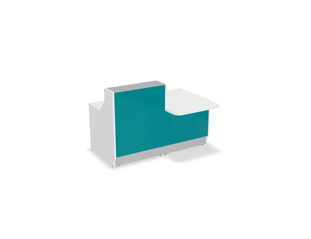 Weisse modulare Empfangstheke Linea von Mdd mit Glasfront, LED-Beleuchtung, Aluminiumsockel und Edelstahl-Eckleiste im Büro.