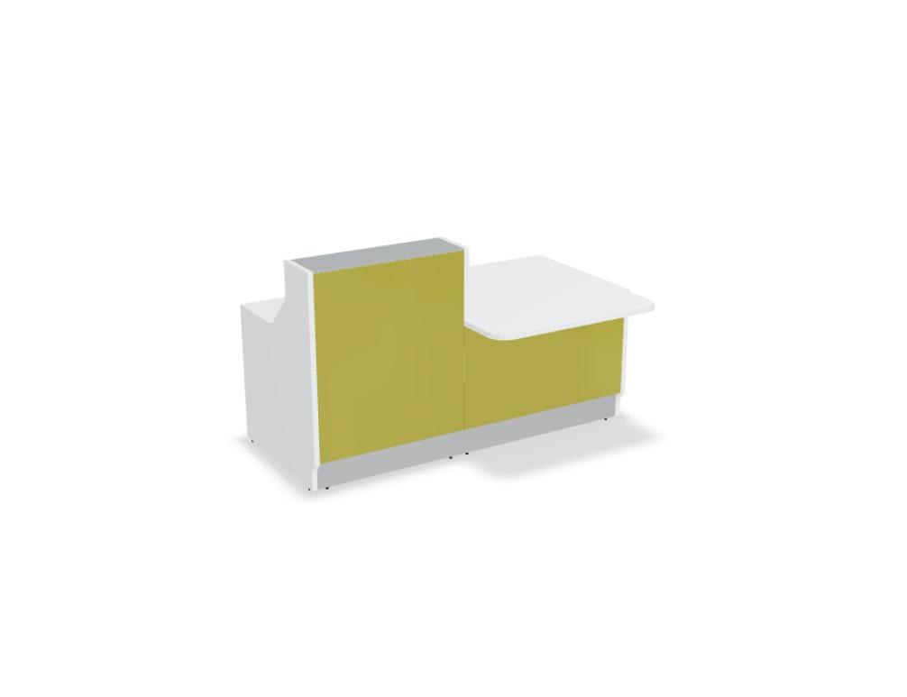 Weisse modulare Empfangstheke Linea von Mdd mit Glasfront, LED-Beleuchtung, Aluminiumsockel und Edelstahl-Eckleiste im Büro.