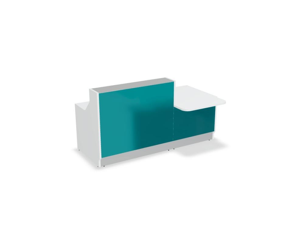 Weisse modulare Empfangstheke Linea von Mdd mit Glasfront, LED-Beleuchtung, Aluminiumsockel und Edelstahl-Eckleiste im Büro.