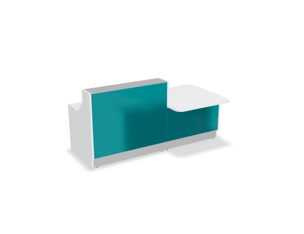 Weisse modulare Empfangstheke Linea von Mdd mit Glasfront, LED-Beleuchtung, Aluminiumsockel und Edelstahl-Eckleiste im Büro.