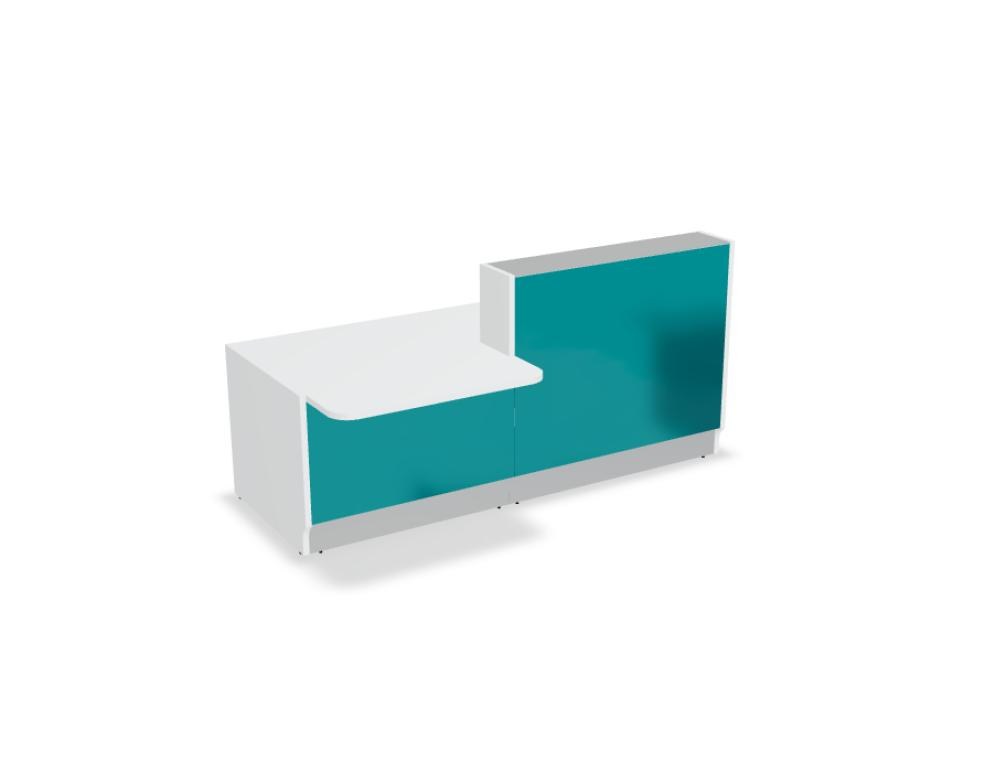 Weisse modulare Empfangstheke Linea von Mdd mit Glasfront, LED-Beleuchtung, Aluminiumsockel und Edelstahl-Eckleiste im Büro.