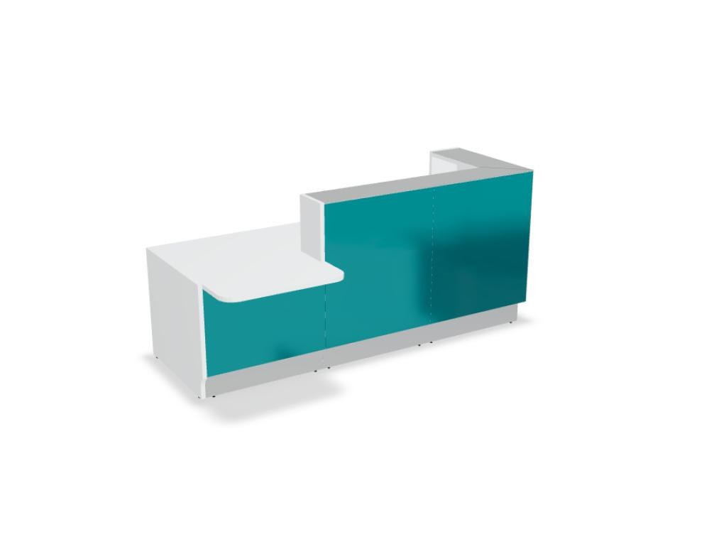 Weisse modulare Empfangstheke Linea von Mdd mit Glasfront, LED-Beleuchtung, Aluminiumsockel und Edelstahl-Eckleiste im Büro.