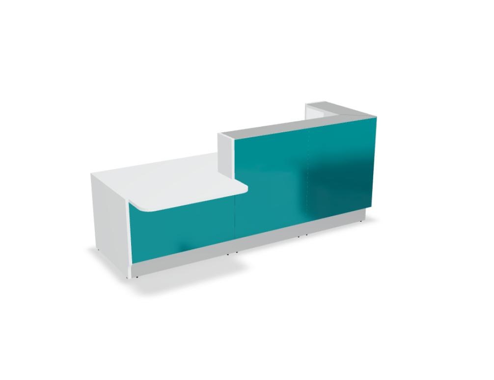 Weisse modulare Empfangstheke Linea von Mdd mit Glasfront, LED-Beleuchtung, Aluminiumsockel und Edelstahl-Eckleiste im Büro.