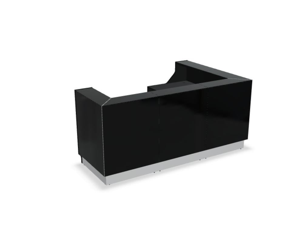 Weisse modulare Empfangstheke Linea von Mdd mit Glasfront, LED-Beleuchtung, Aluminiumsockel und Edelstahl-Eckleiste im Büro.