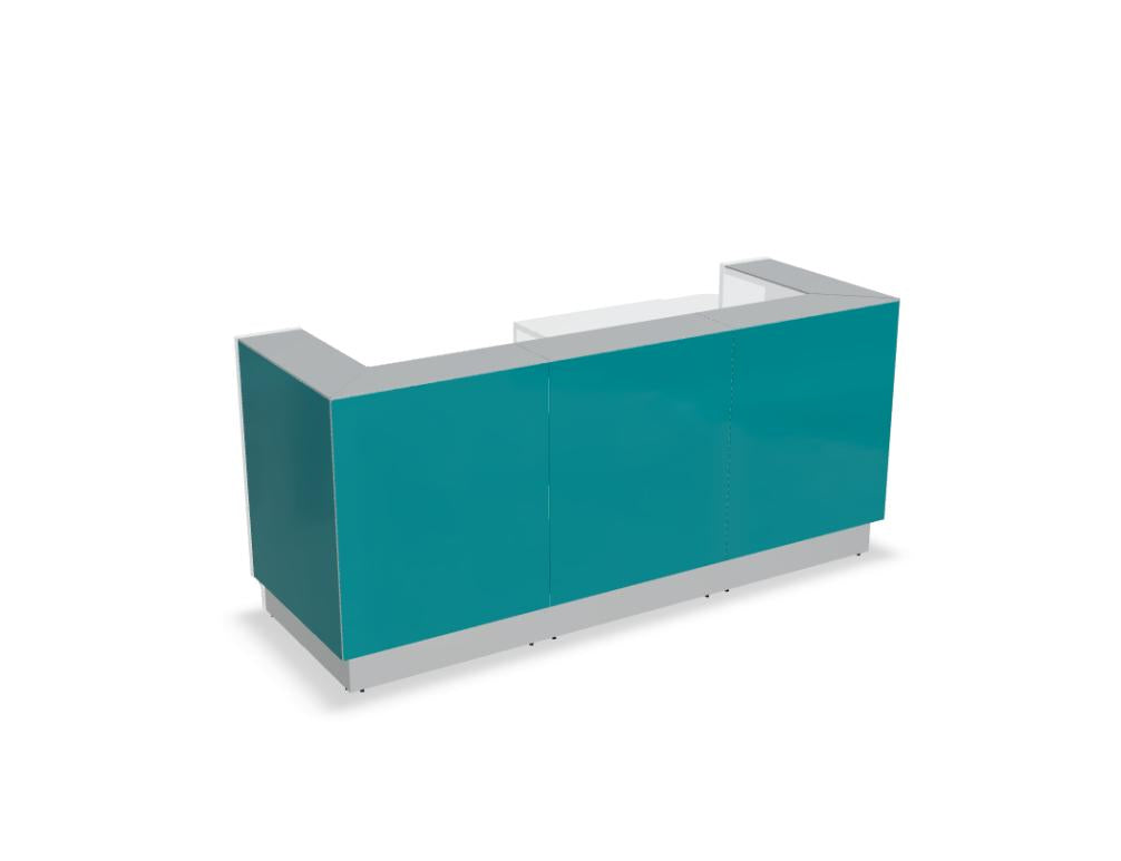 Foto der modularen Empfangstheke Linea LIN411L von MDD: helle Fronten, elegantes Raumelement, Arbeitsfläche und integrierte Ablagen, ideal für professionellen Empfangsbereich