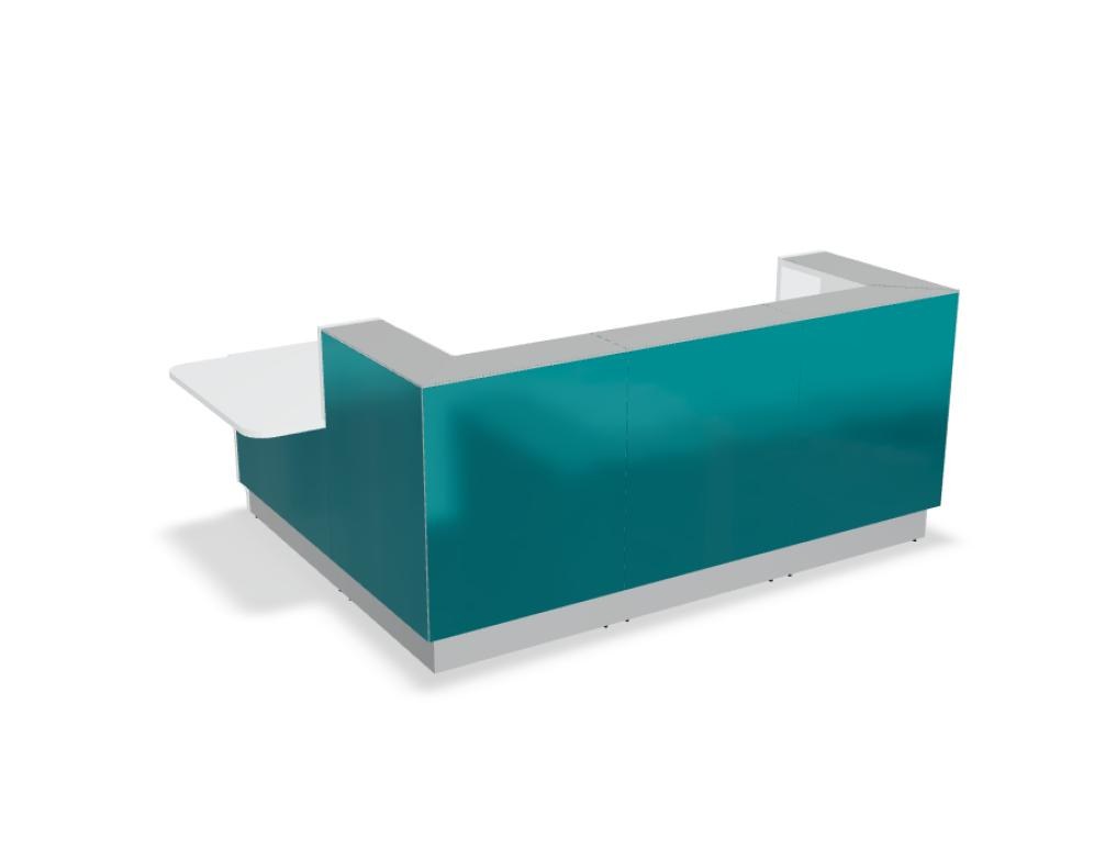 Weisse modulare Empfangstheke Linea von Mdd mit Glasfront, LED-Beleuchtung, Aluminiumsockel und Edelstahl-Eckleiste im Büro.