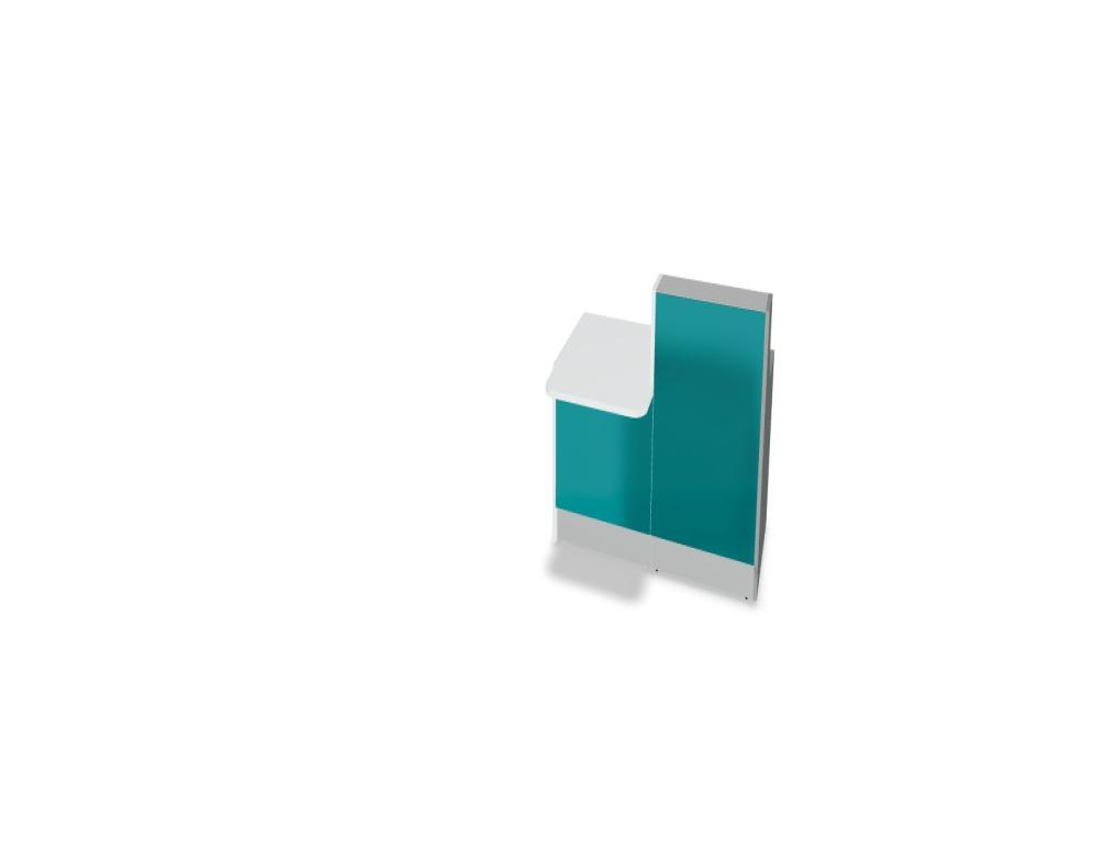 Weisse modulare Empfangstheke Linea von Mdd mit Glasfront, LED-Beleuchtung, Aluminiumsockel und Edelstahl-Eckleiste im Büro.