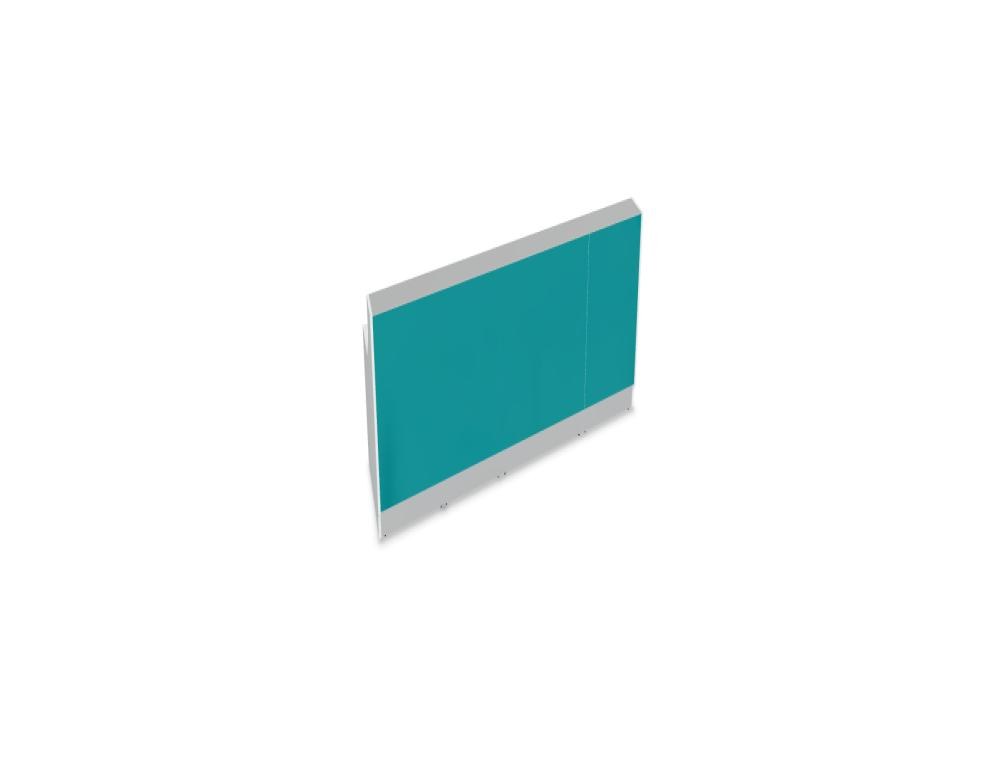 Weisse modulare Empfangstheke Linea von Mdd mit Glasfront, LED-Beleuchtung, Aluminiumsockel und Edelstahl-Eckleiste im Büro.