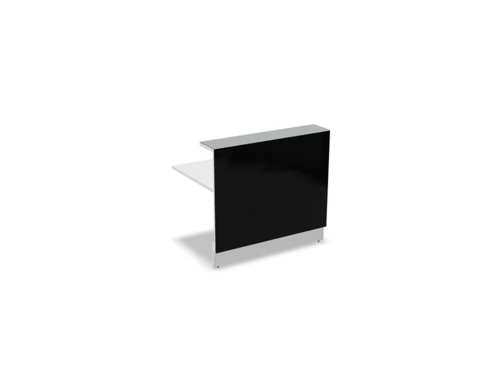 Weisse modulare Empfangstheke Linea von Mdd mit Glasfront, LED-Beleuchtung, Aluminiumsockel und Edelstahl-Eckleiste im Büro.