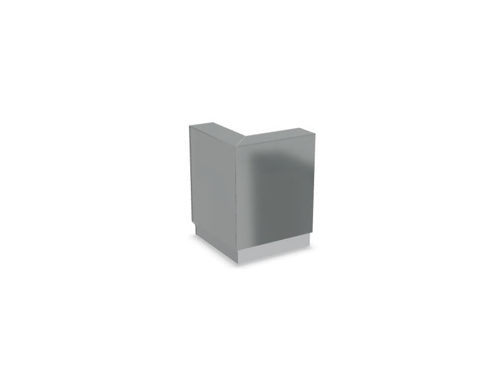 Weisse modulare Empfangstheke Linea von Mdd mit Glasfront, LED-Beleuchtung, Aluminiumsockel und Edelstahl-Eckleiste im Büro.