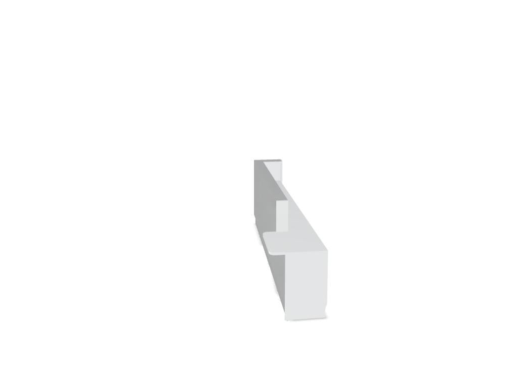 Weisse modulare Empfangstheke Linea von Mdd mit Glasfront, LED-Beleuchtung, Aluminiumsockel und Edelstahl-Eckleiste im Büro.