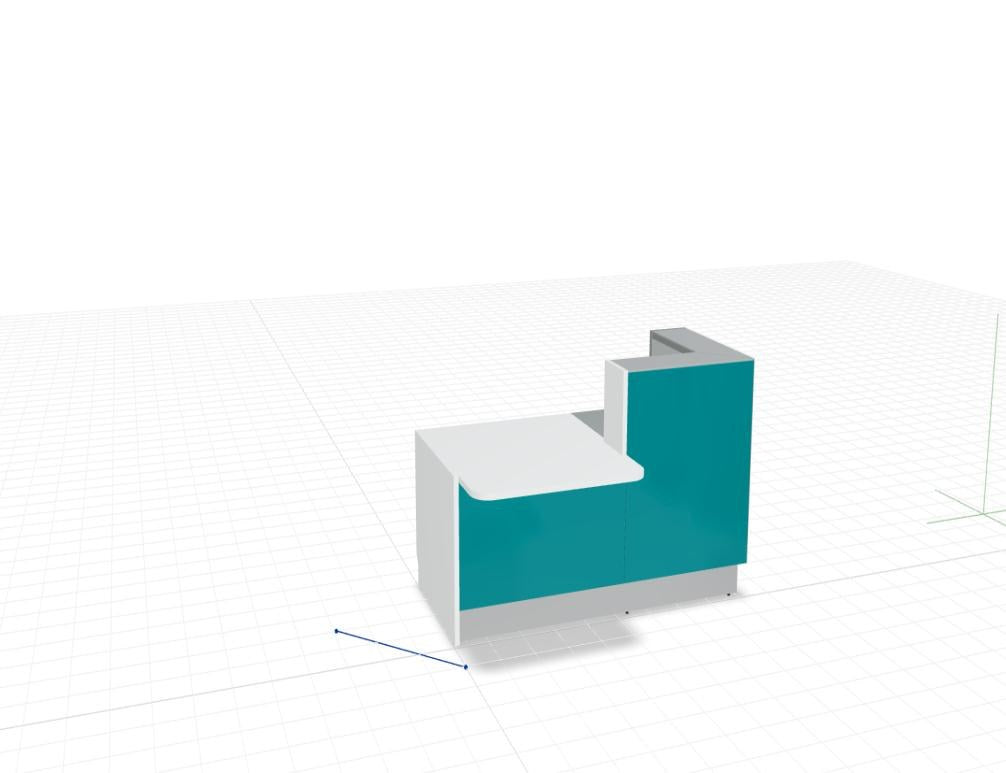 Weisse modulare Empfangstheke Linea von Mdd mit Glasfront, LED-Beleuchtung, Aluminiumsockel und Edelstahl-Eckleiste im Büro.