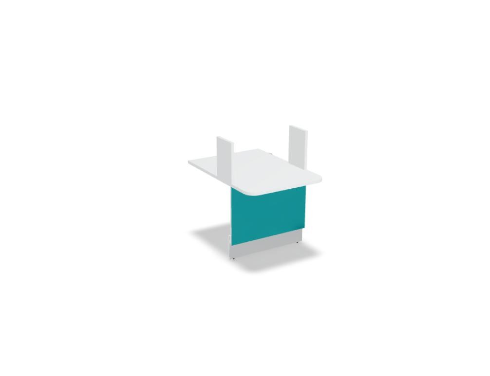 Weisse modulare Empfangstheke Linea von Mdd mit Glasfront, LED-Beleuchtung, Aluminiumsockel und Edelstahl-Eckleiste im Büro.