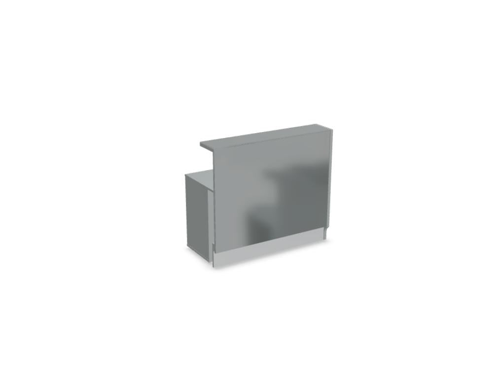 Weisse modulare Empfangstheke Linea von Mdd mit Glasfront, LED-Beleuchtung, Aluminiumsockel und Edelstahl-Eckleiste im Büro.