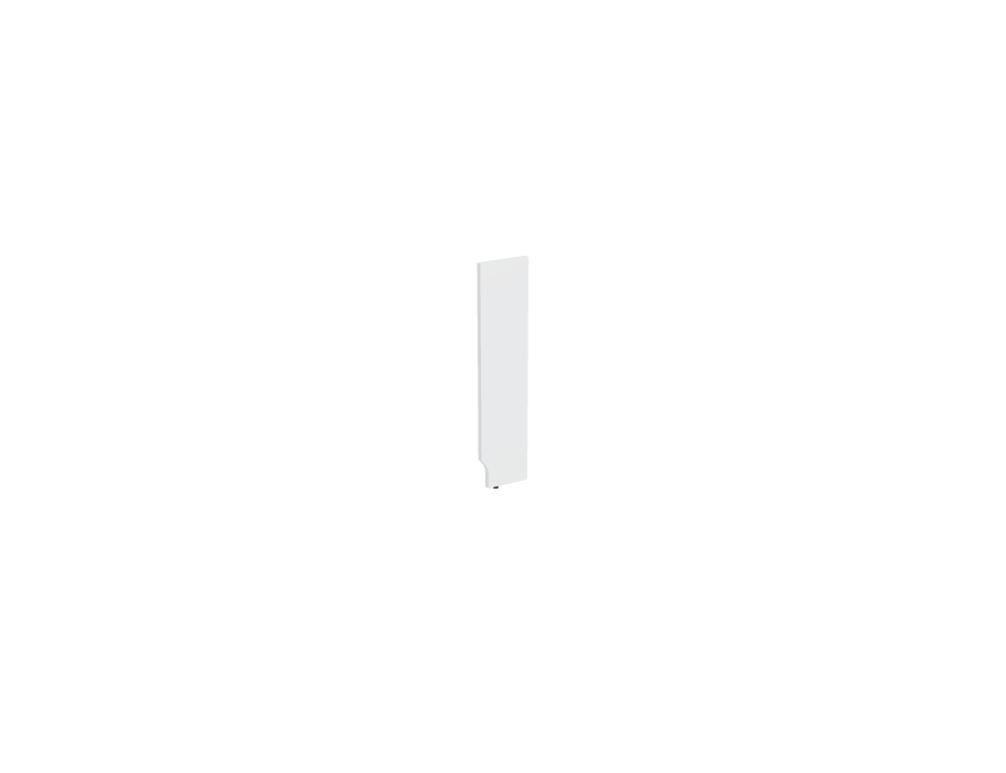Weisse modulare Empfangstheke Linea von Mdd mit Glasfront, LED-Beleuchtung, Aluminiumsockel und Edelstahl-Eckleiste im Büro.