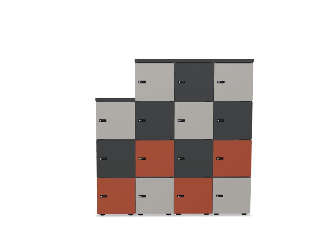 Weiss-pastellfarbener Spind Locker Standard von Mdd mit roter Melaminfront, Patentschloss und Einwurfschlitz, aus Melaminplatte mit ABS-Umleimer.