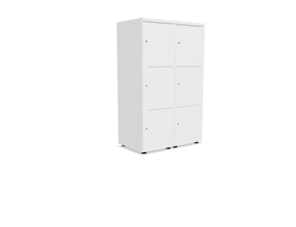 Weisser Schliessfachschrank mit roter Front, mehreren Fächern, Melaminplatte, Patentschloss und Standfüssen, Modell Locker Standard.