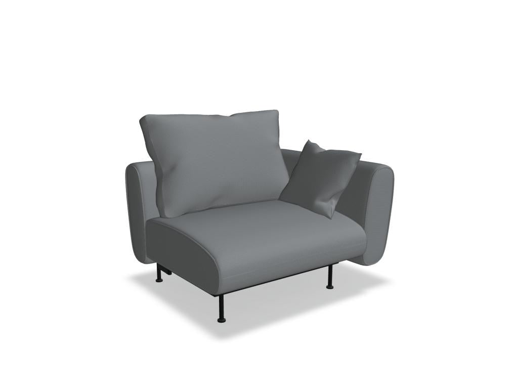 Modulares Sofa Lotus von Mdd in Dunkelgrau mit gepolsterter Rückenlehne, breiten Armlehnen und schwarzen Metallfüssen, frontale Sitzansicht.