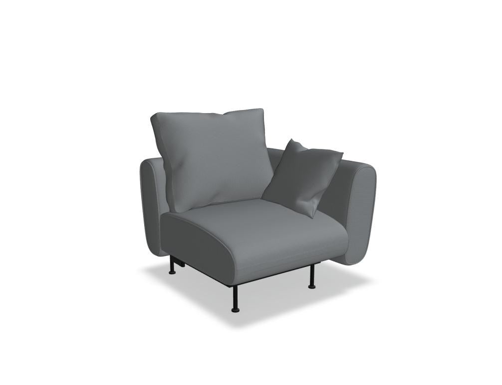 Modulares Sofa Lotus von Mdd in Dunkelgrau mit gepolsterter Rückenlehne, breiten Armlehnen und schwarzen Metallfüssen, frontale Sitzansicht.