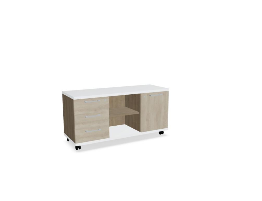 Chefzimmerschrank Standard von Mdd in Weiss Pastell mit Front in Eiche Natur, Schubladen und offenen Regalfächern aus Melaminplatte.
