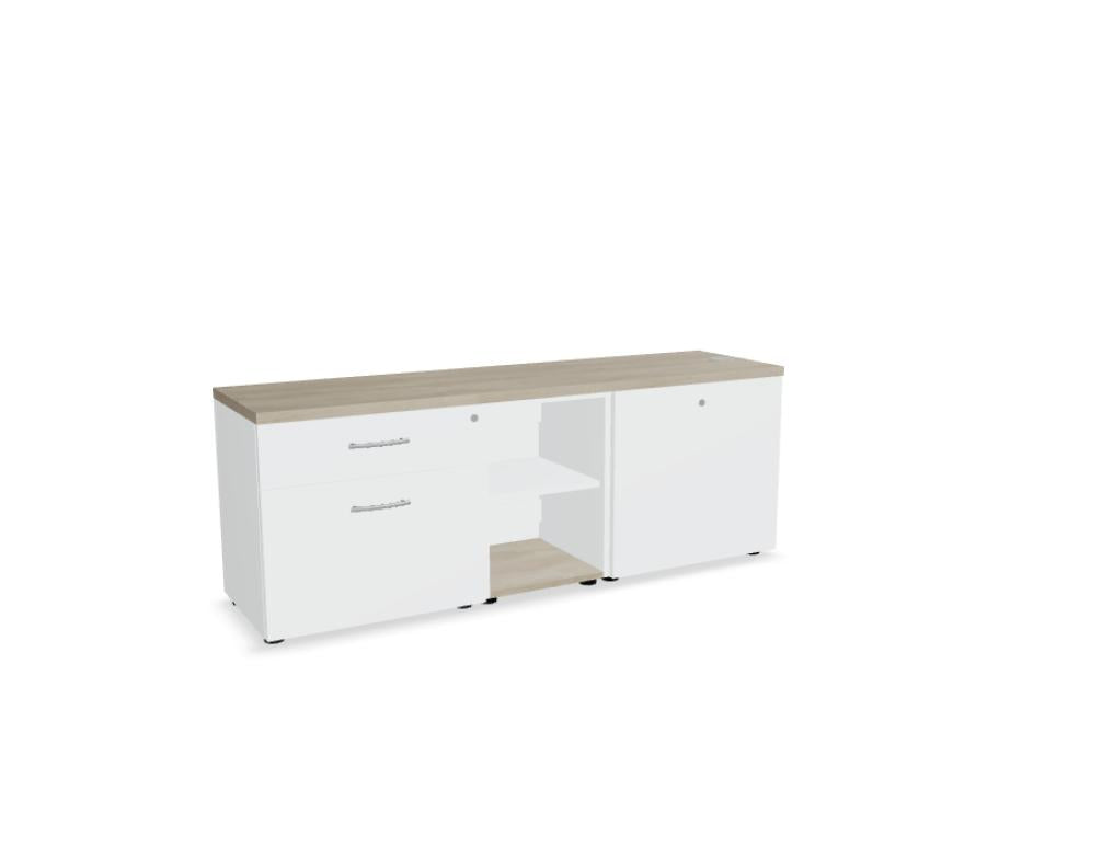 Bild eines Standard A12M Büroschranks von Mdd (Chefzimmerschrank) in schlichtem, modernem Design. Sichtbare Türen mit Edelstahlgriffen, heller Holzoptik, geordnete Fächer und kompakte Standfläche. Ideal für Büro- oder Arbeitszimmerebenen.