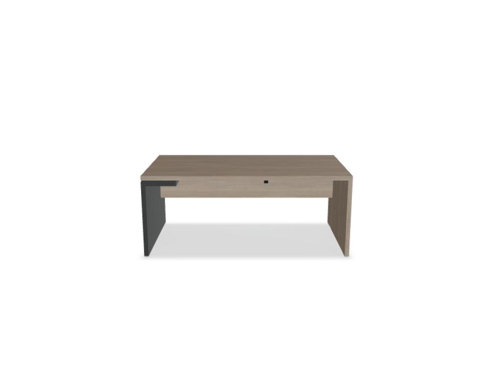 Chefschreibtisch Mito von Mdd in Bernsteineiche mit HPL-Wangenfuss in schwarz oder weiss, Melaminplatte mit ABS-Umleimer, rechteckige Form.