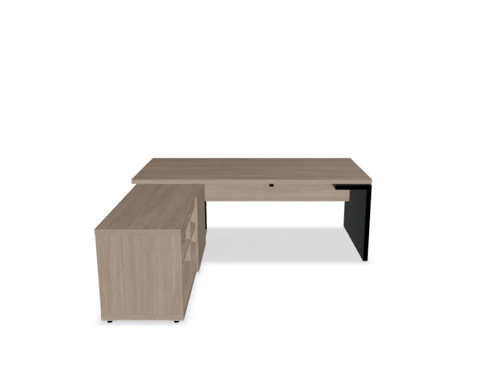 Chefschreibtisch Mito von Mdd in Bernsteineiche mit HPL-Wangenfuss in schwarz oder weiss, Melaminplatte mit ABS-Umleimer, rechteckige Form.