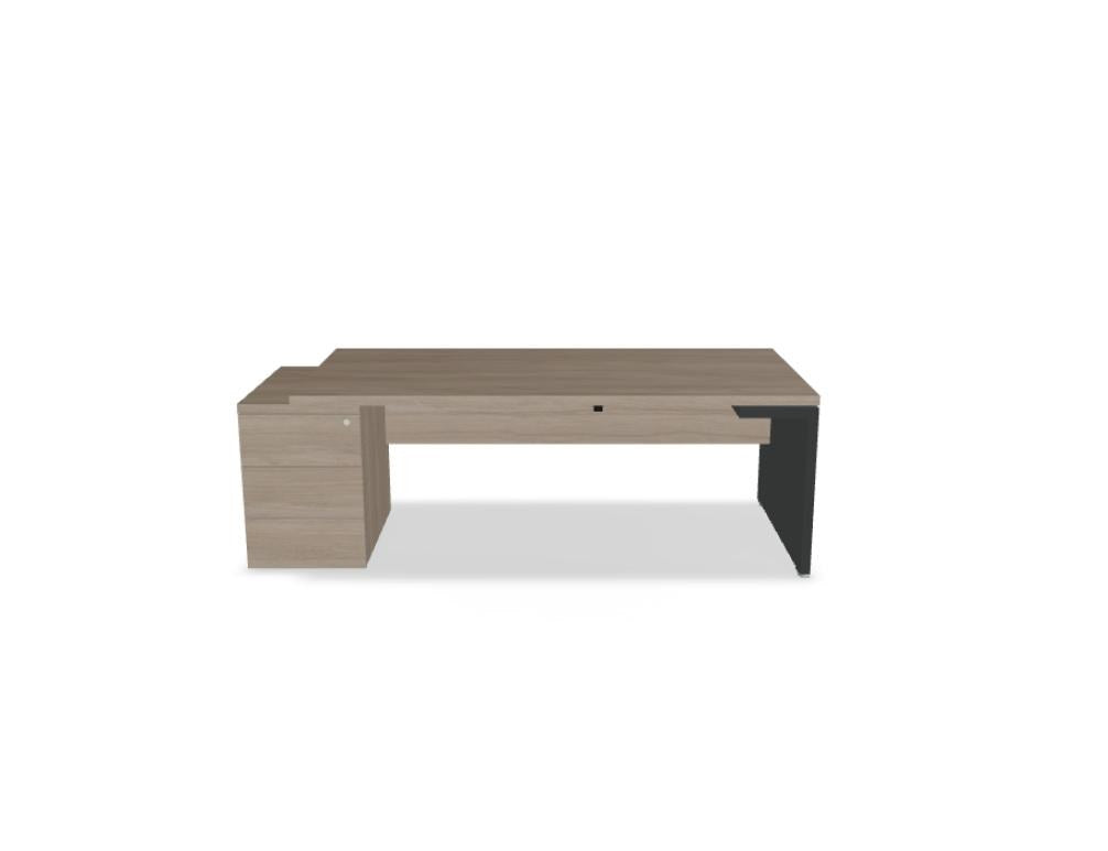 Chefschreibtisch Mito von Mdd in Bernsteineiche mit HPL-Wangenfuss in schwarz oder weiss, Melaminplatte mit ABS-Umleimer, rechteckige Form.