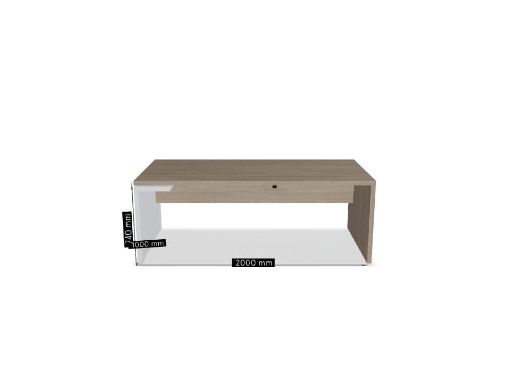 Chefschreibtisch Mito von Mdd in Bernsteineiche mit HPL-Wangenfuss in schwarz oder weiss, Melaminplatte mit ABS-Umleimer, rechteckige Form.